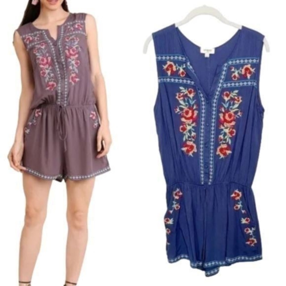 Umgee Blue Floral Embroidered Button Front Sleeveless Romper Shorts Womens